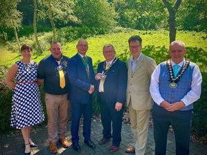 Pictured from left to right are: Emma Palmer, Chief Executive; Cllr Danny Bebb, Assistant Vice Chair; Cllr Jonathan Wilkinson, outgoing Chair; Cllr William Powell, the new Chair of Powys County Council; Cllr Jake Berriman, Leader of Powys County Council; and Cllr Geoff Morgan, Vice Chair.