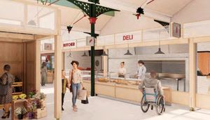 View of serve-over unit with fishmongers and butchers at proposed Wellington Market