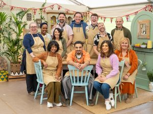 The Great British Bake Off 2024 contestants in a group shot in the tent