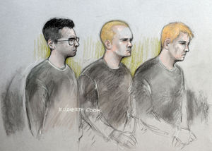 A court sketch showing, from left, Alexander Deakin, 22, Mikko Vehvilainen, 32, and Mark Barrett, 24, at Westminster Magistrates' Court. Picture by Elizabeth Cook/PA Wire