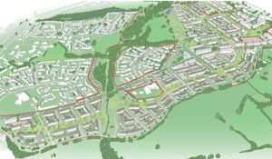 Visualisation of proposed Druids Heath regeneration scheme in Birmingham. Taken from design document prepared by BM3 Architecture.