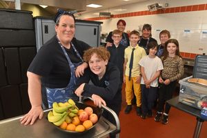 Pupils love school dinners. Pictured front is chef Vicky Shepherd and Ben Francis 11, and Susanna Meentzen, Julie Bailey, Pat Summer (back) with Jacob Shillito, Milo Clifford, Brae Pearson-Brand, and Lela Clitheroe.