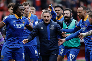 Paul Hurst celebrates Salop's survival (AMA)