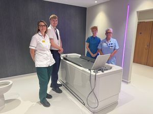 The Team from St Giles Hospice admiring the new spa bathroom: Pictured left to right: Alex Rogers - Occupational Therapist, Ainsley Hardman - Physiotherapist. Lindsay Newman - Complementary Therapist and Joanne Hodgkiss - Healthcare Assistant
