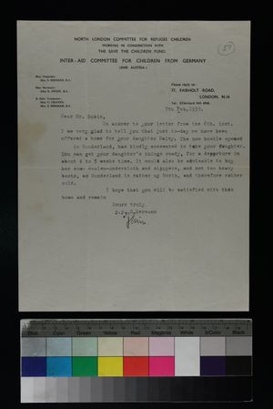 A letter confirming a home in England for Daisy. [credit Yad Vashem Archives]