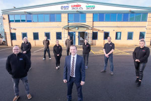 Fred Evans (centre) with the Lumberjack Tools team