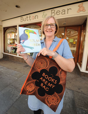 Getting ready for Bookshop Day, proprietor Louise Chadwick, of Oswestry, at Button & Bear, Castle Street, Shrewsbury