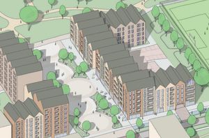 Aerial sketch of the proposed new local centre in Druids Heath, Birmingham. Taken from Design Code document prepared by BM3 Architecture Ltd on behalf of Birmingham City Council