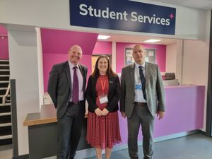 Julia Buckley MP with school leaders at Shrewsbury Academy inside the new facility 