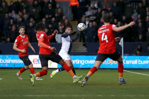 Karlan Grant of West Bromwich Albion watches his chip shot over the defenders bounce back from the cross bar during the Sky Bet Championship match between Luton Town and West Bromwich Albion at Kenilworth Road on February 19, 2022 in Luton, England. (Photo by Adam Fradgley/West Bromwich Albion FC via Getty Images).