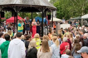 The crowds watching the crowning of the carnival queen and then Queen Grace presenting the prizes to the winning entries. Image by Andy Compton