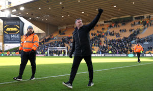 Rob Edwards with a thumbs up to the crowd after the victory (Photo by Brett Patzke - WWFC/Wolves via Getty Images)