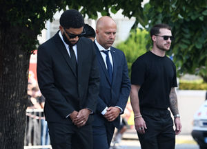 Liverpool's Joe Gomez and Arne Slot arrive at the funeral of Diogo Jota and Andre Silva being held at Igreja Matriz de Gondomar in the town of Gondomar near Porto. The Liverpool and Portugal forward died along with his younger brother Andre Silva in the accident in Zamora on Thursday morning. Picture date: Saturday July 5, 2025. PA Photo. Photo credit should read: PA Wire.