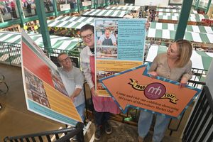 Ian Cornall from Cornalls Seafood (formerly Barkworth's), Steve Williams of John Bliss Butchers and Amy Williams (Tennant Liason Manager for Shropshire Council) at the launch of an exhibition marking the 60th anniversary of Shrewsbury's market hall
