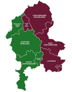 Proposal for East Staffordshire and West Staffordshire unitary councils. Image taken from Stafford Borough Council report.