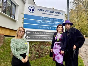 Chico with The Mary Stevens Hospice CEO and Matron, Claire Towns and Director of Fundraising and Supporter Relations, Amanda Bowen