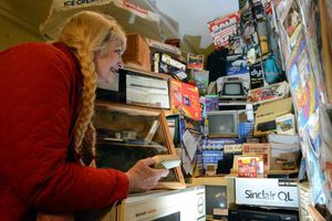 Stella with her latest exhibit, Computers of the Past