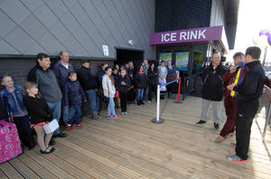 Queues of people wait for the opening of the refurbished Telford Ice Rink in 2013.
