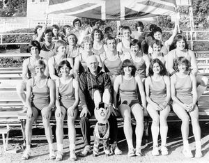 The caption reads: 'The Bridgnorth It's A Knockout squad which beat the French twin town of Thiers. The squad had failed by the narrowest of margins to find a place in the European It's A Knockout game earlier this year and then accepted an invitation to play its twin town. The Shropshire team won by 80 points to 63.'  The squad arrived back in Bridgnorth on the weekend of July 14/15 1979 after a 10-day stay at Thiers. They brought back a cup which was specially presented by Thiers for the occasion. 