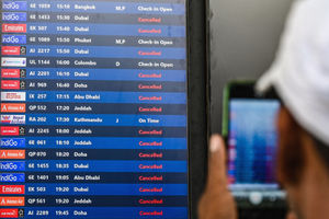 Thousands of flights have been delayed or cancelled in the biggest disruption to global air transport since the Covid pandemic as airlines suspend services to the Middle East following the US and Israeli attacks on Iran. (Photo by Punit PARANJPE / AFP via Getty Images)