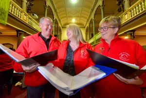Singers Wayne Jones, Lorna Parkhouse and Julie Hartridge rehearse for the musical Children of Eden 
