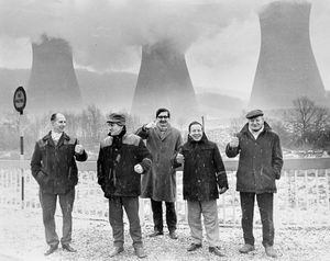 February 1, 1972. The caption reades: 'Shropshire miners were today cheerful and hopeful as they picketed in falling snow outside Ironbridge Power Station. Five men, all miners at Granville Colliery and members of the National Union of Mineworkers, relieved a group of...' (rest of caption missing). Second from right is identifiably Herbie Hirst, an NUM official at Granville. 