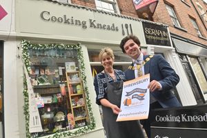 Shrewsbury Mayor Alex Wagner meeting traders along Wyle Cop to celebrate Independents' Day.  With Gill Gradwell from Cooking Kneads