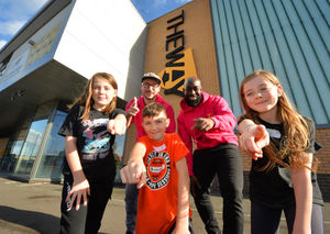 Mentees Maia Harris, Alfie Freeman, and Thalia Harris with mentors (left-right) Steven Walker, and Michael Samponk as they celebrate the Way winning the Queen's Award for Voluntary Service