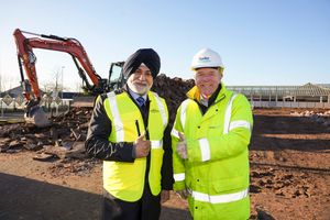 Councillor Bhupinder Gakhal, City of Wolverhampton Council Cabinet Member for Resident Services, and Rob Lashford, Director at Speller Metcalfe, on site as the foundation works get underway on the Bilston Outdoor Market redevelopment