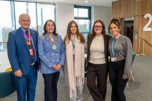 Mayor'S Consort Ray Barron, Mayor Jenny Barron And Stafford Mp Leigh Ingham With Students From Staffordshire Institute Of Technology. Image courtesy of Leigh Ingham's office and Newcastle and Stafford Colleges Group (NSCG)