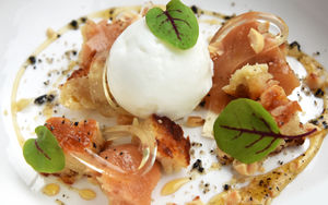 Sweet and sour – the poached quince, cider jelly, goat’s milk sorbet, apple cake and black olive sugar                                                                 Pictures by Russell Davies