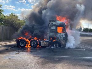 Supporting image for story: Lorry cab engulfed in flame at Market Drayton dairy