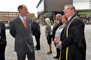HRH Prince Edward is welcomed to Central Sixth by Sandwell College principal Graham Pennington and Mayor of Sandwell Councillor Derek Rowley
