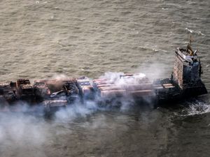 The Solong container ship off the coast of East Yorkshire following the collision with the MV Stena Immaculate oil tanker