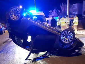 Supporting image for story: Car lands on roof after crash in Ludlow