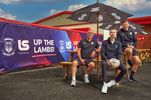 Tamworth FC Manager Andy Peaks and General and Commercial Manager for Tamworth FC Scott Rickards join Jake Allen sales director from LightSpeed Broadband.