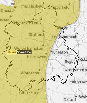 The area affected by wintery weather across the Midlands on Tuesday night into Wednesday