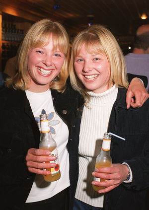 Seeing double: Twins Beth and Sarah Davies having a drink at The Crown, Bridgnorth, 05.06.2000