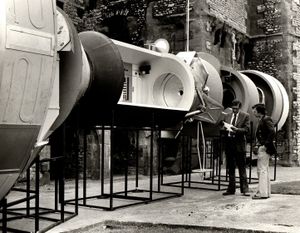 Terry Sampson of BBC Exhibitions, left, with the replica of the spacecraft at Dudley Castle in July, 1975. But who is the other man in the picture?