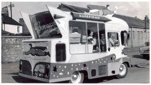 An earlier model of ice-cream van owned by Mr Bonaccorsi, seen in 1963. It featured a special Superman sign. 