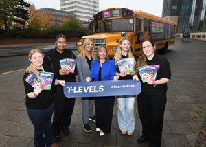 A group of T Level students from Sandwell College with (left to right) Jane Bissell T Level lead and Lisa Capper MBE, CEO and Principal of The Sandwell Colleges.