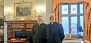 The Venerable Luke Miller DL, Archdeacon of London, with Reverend Jukes of Ss Peter and Paul, Wem, following the 2025 St Ekrenwld service at Soutlon Hall.