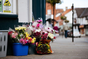 Flowers laid in memory of Rebecca Steer in Willow Street, Oswestry