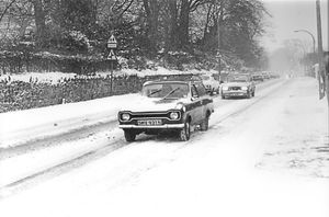Snow on the road during the bitterly cold winter of January 1982 in Wellington