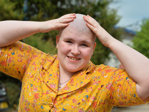 Braving The Shave for charity, Miriam Emmas, at the Gingerbread Man, Market Drayton