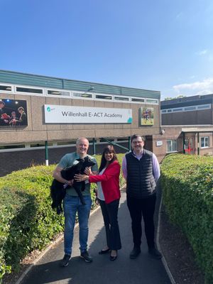 L-R Tim Marston, Sureena Brackenridge MP, Finlay Allmond - and Bee Bee the dog