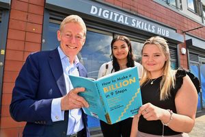 Richard Harpin in Walsall at the Digital Skills Hub, run by the Mercian Trust, pictured with students - Tamar Davies, aged 16, and Grace Sheahan, aged 16, from Aldridge School.