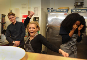 Celebrating her win in an omelette  is Suzanne Shaw, with Beverley Knight, at Birmingham Hippodrome