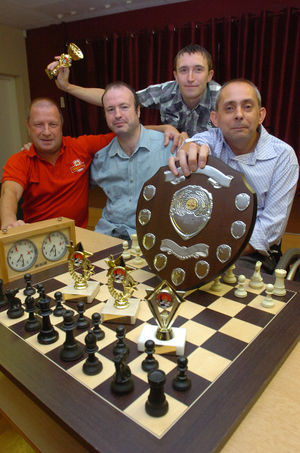 Steve, left, with colleagues from Wolverhampton Chess Club after they won the Wolverhampton Summer League Division Two in 2010.