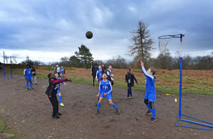 Primary school kids from Telford had a netball tournament on top of the Wrekin for Sport Relief – one of the matches begins.